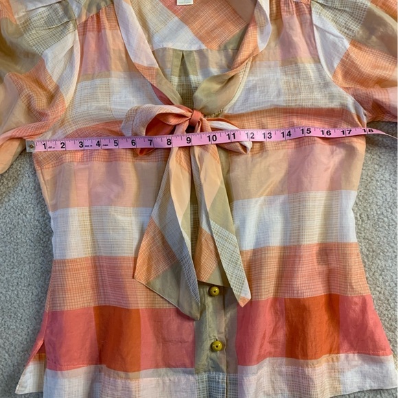 Maeve Anthropologie Plaid Tie Blouse Top Boho Women Size 4 Silk Blend Peach - Picture 5 of 7